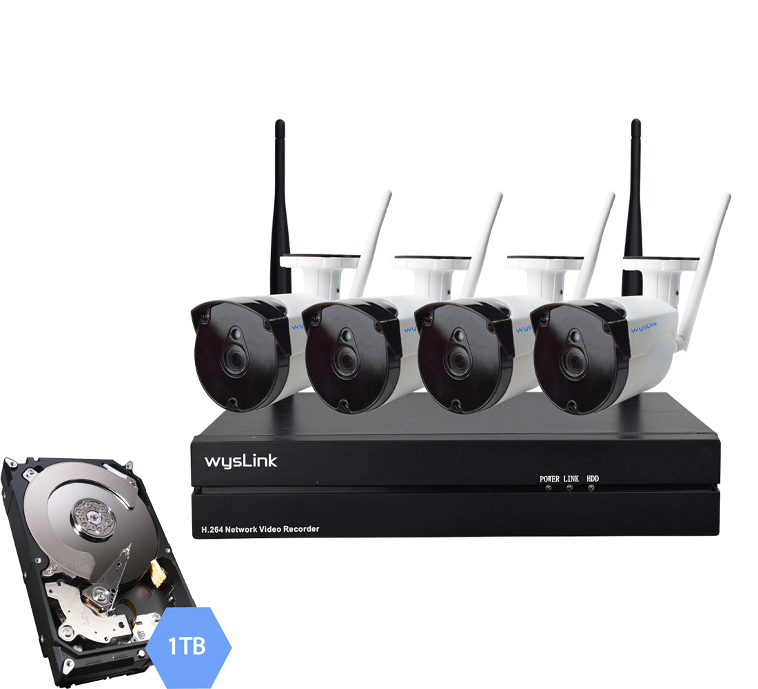 WPG-W-C4-T1-200-C4, 4CH 1080P full HD Wireless Surveillance Camera System, 4pcs 2MP WIFI Bullet IP outdoor Cameras, Support Motion Detection,P2P, Easy Remote View, Preinstalled surveillance 1TB Hard Drive, ONVIF 2.4
